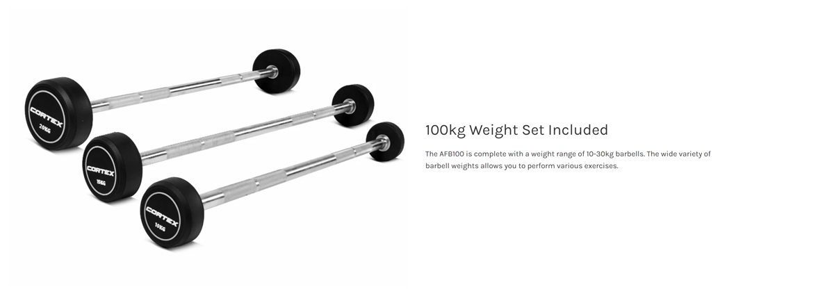 Cortex 100kg Alpha Series Fixed Barbell Set, 10-30kg weight range